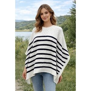 J.Crew Womens Ivory Navy Blue Striped Cable Knit Poncho Coastal Preppy Classic